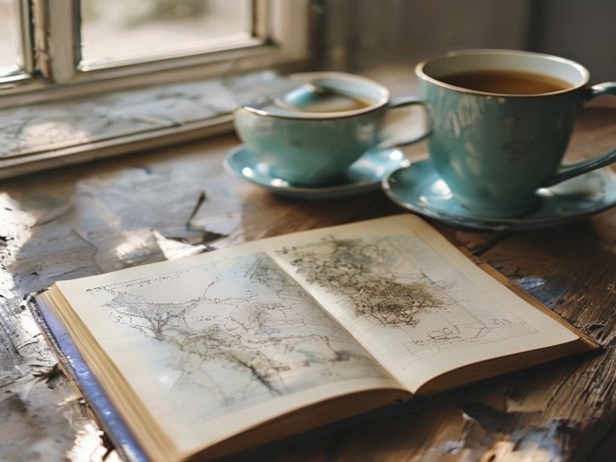 An open notebook with route sketches and planning notes beside a cup of tea on a wooden desk